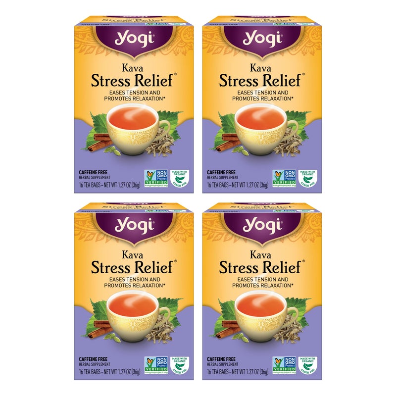 Yogi Tea Kava Stress Relief Tea - 16 Tea Bags per Pack (4 Packs) - Made with Organic, Caffeine-Free Relaxing Tea - Includes Carob Pod, Indian Sarsaparilla Root, Cinnamon Bark, Ginger Root & More - Image 1