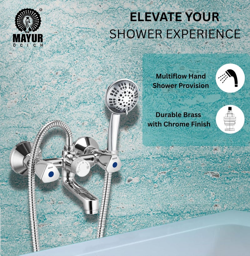 MAYUR ÖCICH Brass Wall Mixer Tap for Bathroom with 5-Function Hand Shower, 1.5M SS Hose & Hook (TRI) | Chrome Finish Hot & Cold Water Mixer, Wall Mounted, 10-Year Warranty - Image 3