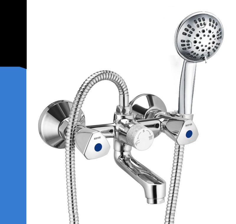 MAYUR ÖCICH Brass Wall Mixer Tap for Bathroom with 5-Function Hand Shower, 1.5M SS Hose & Hook (TRI) | Chrome Finish Hot & Cold Water Mixer, Wall Mounted, 10-Year Warranty - Image 1