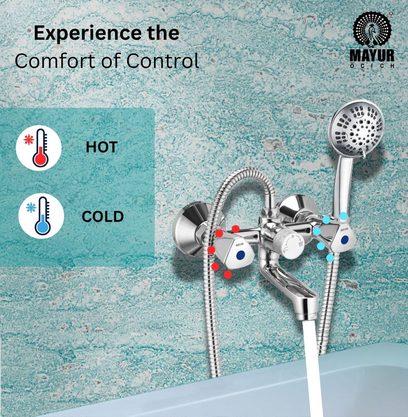 MAYUR ÖCICH Brass Wall Mixer Tap for Bathroom with 5-Function Hand Shower, 1.5M SS Hose & Hook (TRI) | Chrome Finish Hot & Cold Water Mixer, Wall Mounted, 10-Year Warranty - Image 5