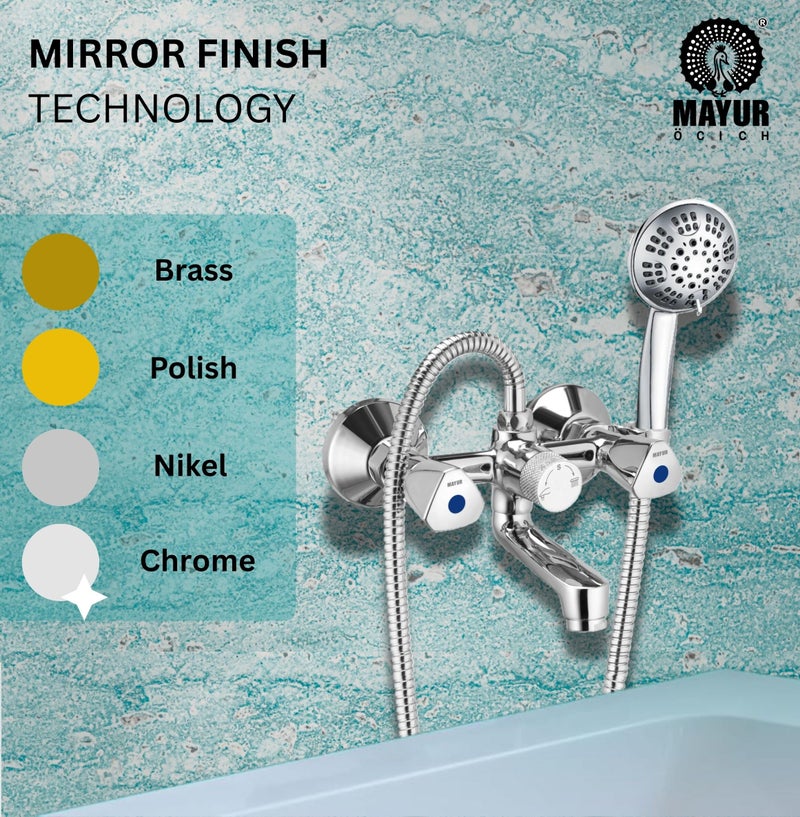 MAYUR ÖCICH Brass Wall Mixer Tap for Bathroom with 5-Function Hand Shower, 1.5M SS Hose & Hook (TRI) | Chrome Finish Hot & Cold Water Mixer, Wall Mounted, 10-Year Warranty - Image 4