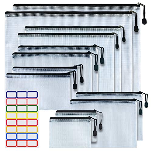 ASTEN 12 Pcs Plastic Mesh Zip File Bags, Waterproof Tear-Resistant Document File Folders, B8 Size Zipper Documents Pouch Document Organizer Bags for School Office Home Travel Storage(5×4.1 Inch) - Image 1