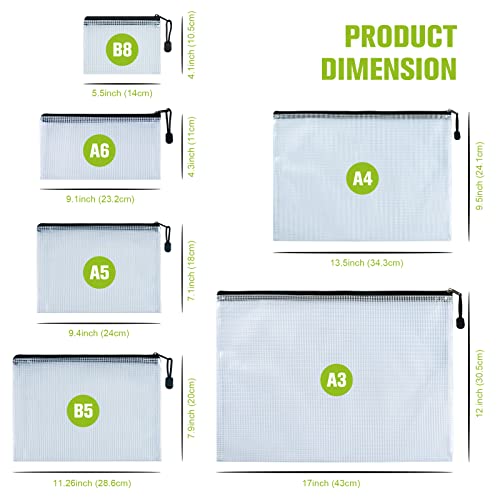 ASTEN 12 Pcs Plastic Mesh Zip File Bags, Waterproof Tear-Resistant Document File Folders, B8 Size Zipper Documents Pouch Document Organizer Bags for School Office Home Travel Storage(5×4.1 Inch) - Image 3