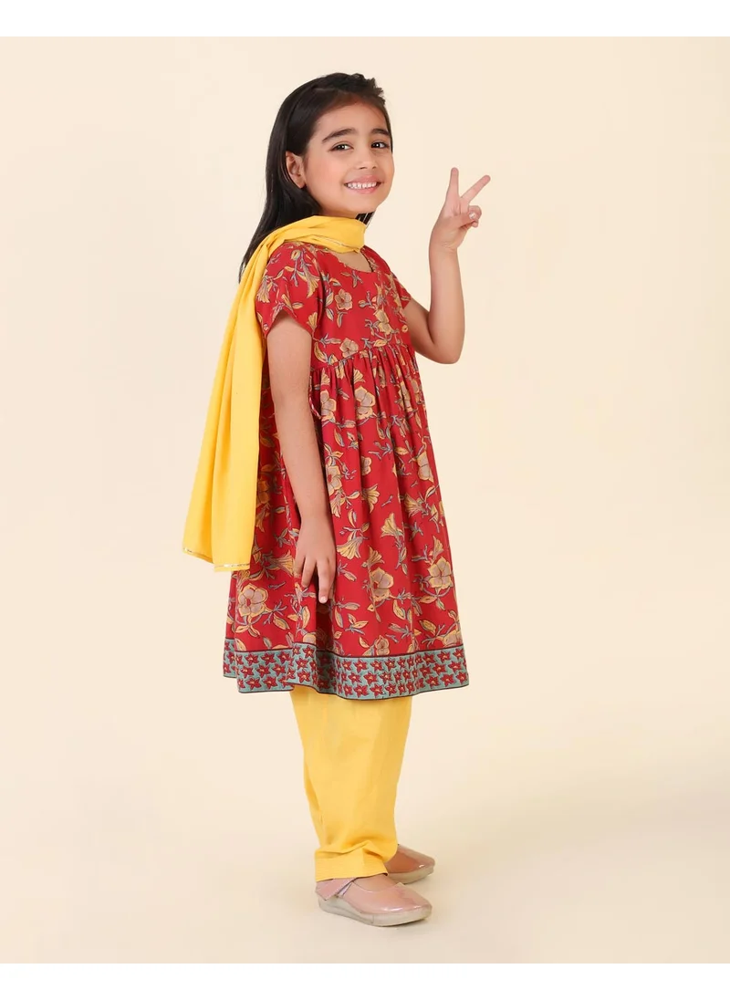 Fabindia Red Cotton Hand Block Printed 3Pc Salwar Set