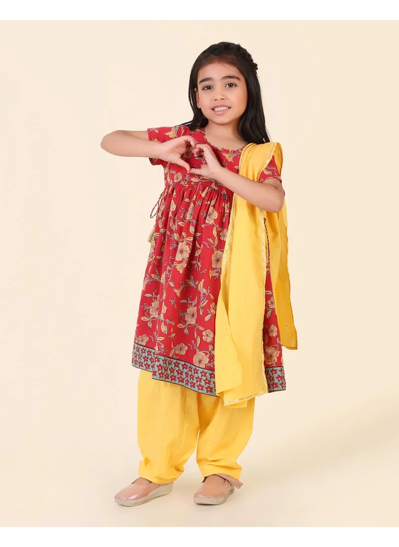 Fabindia Red Cotton Hand Block Printed 3Pc Salwar Set