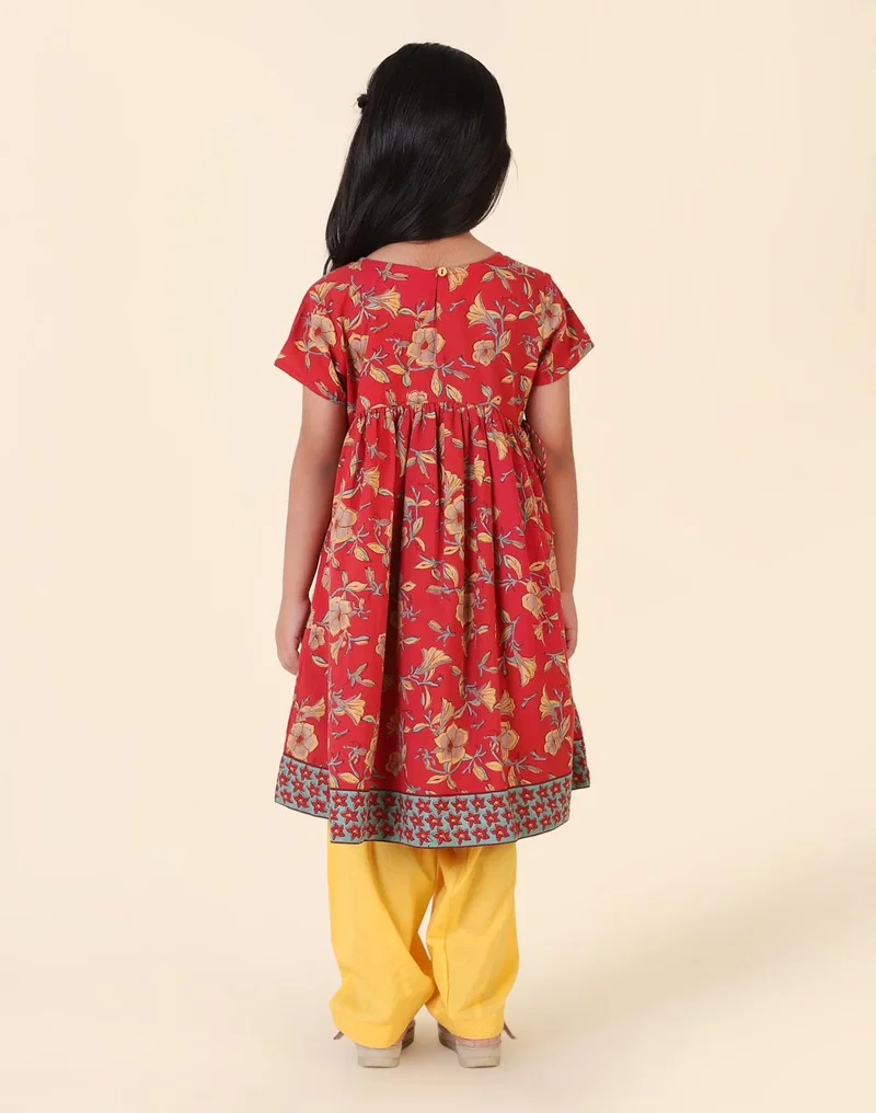 Fabindia Red Cotton Hand Block Printed 3Pc Salwar Set