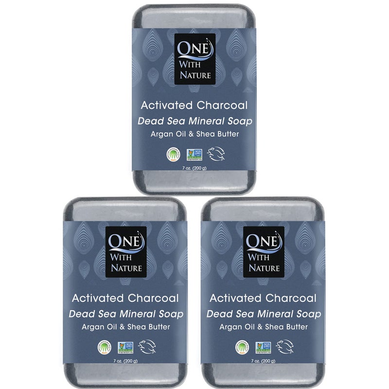 One With Nature Activated Charcoal Soap 7oz 3-Pack â€“ Detoxifying and Exfoliating Charcoal Soap Bar with Dead Sea Salt for Face & Body, for Men & Women - Image 1
