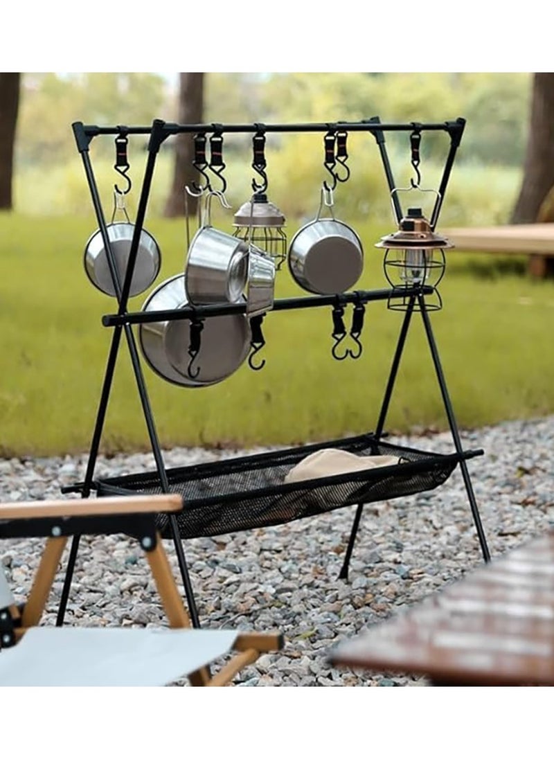 General - Cookware Hanging Rack for Camping Ultralight Aluminum Tripod Folding Shelf with 12 Hooks Mesh Storage Layer and Storage Bag Outdoor Multifunction Camping Triangle Stand - Image 1