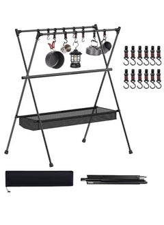 Cookware Hanging Rack for Camping Ultralight Aluminum Tripod Folding Shelf with 12 Hooks Mesh Storage Layer and Storage Bag Outdoor Multifunction Camping Triangle Stand