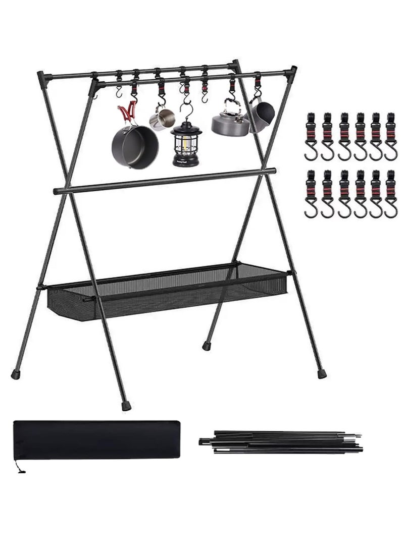 General - Cookware Hanging Rack for Camping Ultralight Aluminum Tripod Folding Shelf with 12 Hooks Mesh Storage Layer and Storage Bag Outdoor Multifunction Camping Triangle Stand - Image 1