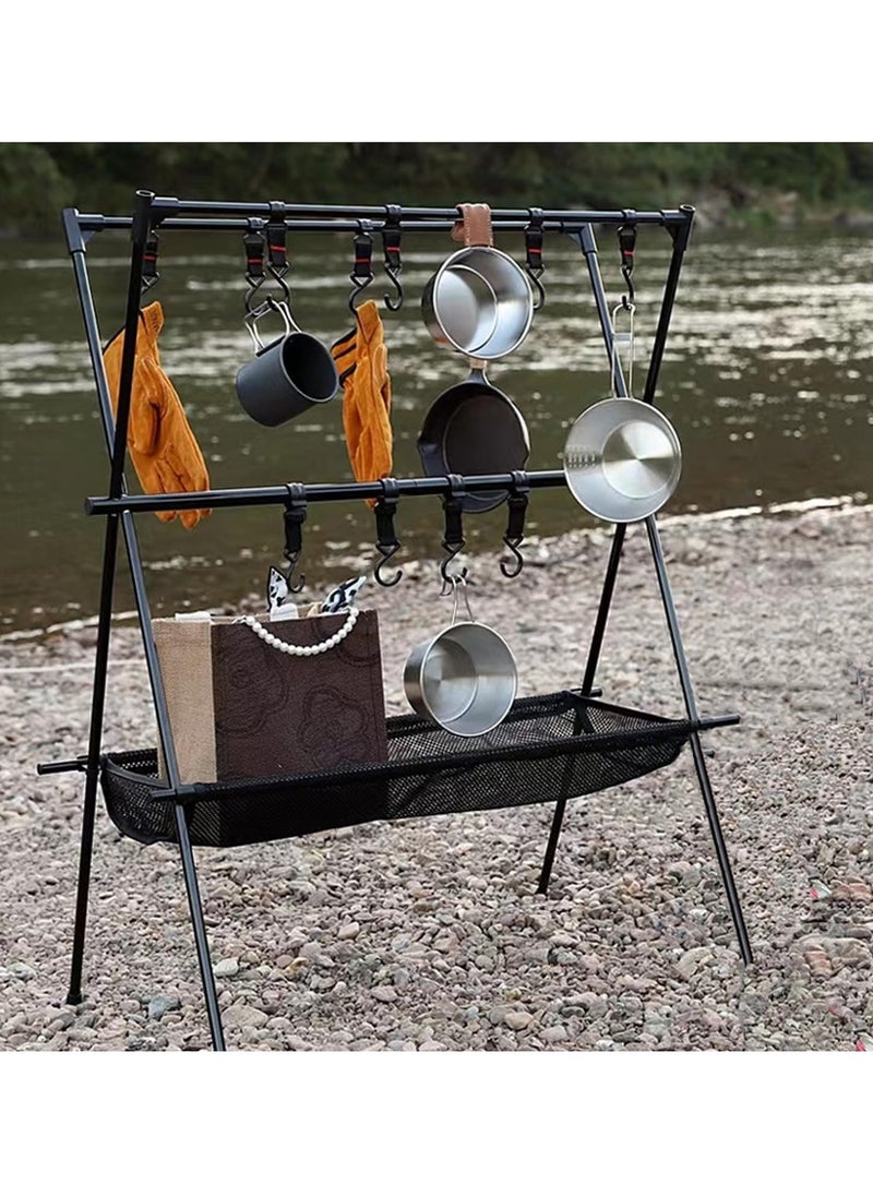 General - Cookware Hanging Rack for Camping Ultralight Aluminum Tripod Folding Shelf with 12 Hooks Mesh Storage Layer and Storage Bag Outdoor Multifunction Camping Triangle Stand - Image 1