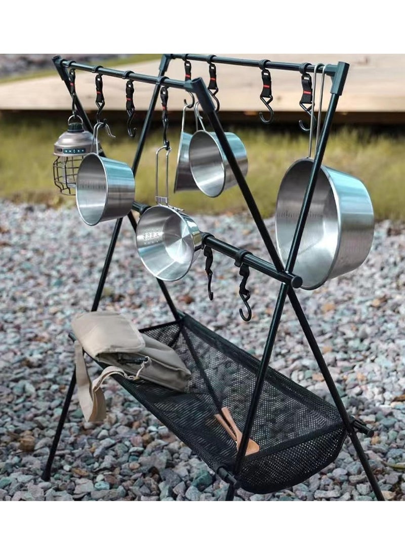 General - Cookware Hanging Rack for Camping Ultralight Aluminum Tripod Folding Shelf with 12 Hooks Mesh Storage Layer and Storage Bag Outdoor Multifunction Camping Triangle Stand - Image 1