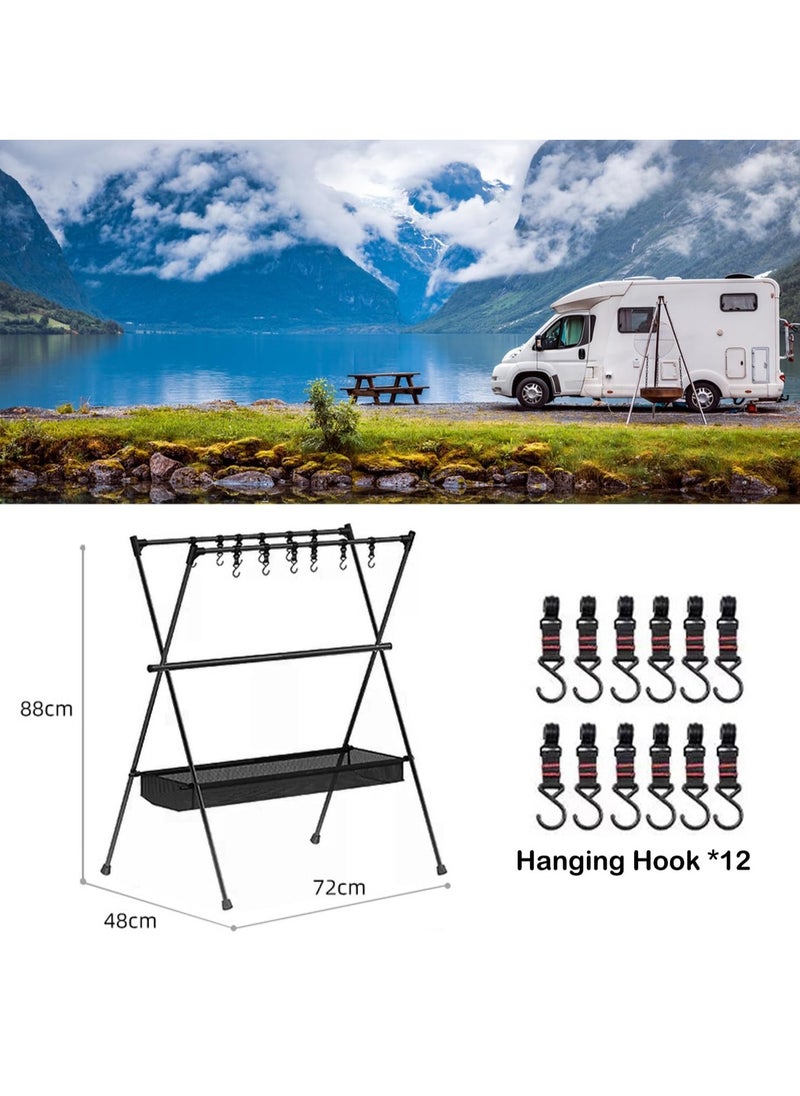 General - Cookware Hanging Rack for Camping Ultralight Aluminum Tripod Folding Shelf with 12 Hooks Mesh Storage Layer and Storage Bag Outdoor Multifunction Camping Triangle Stand - Image 1