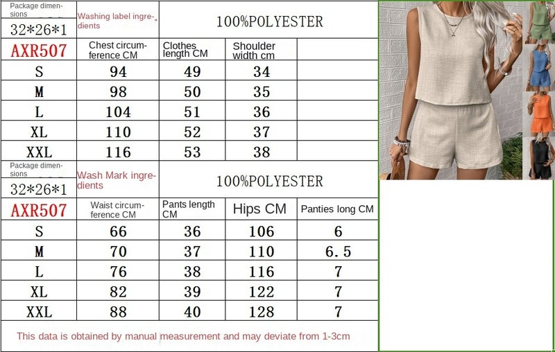 Solid Color Imitation Cotton Linen Sleeveless Vest Shorts Casual Fashion Twopiece Suit Women - Image 2