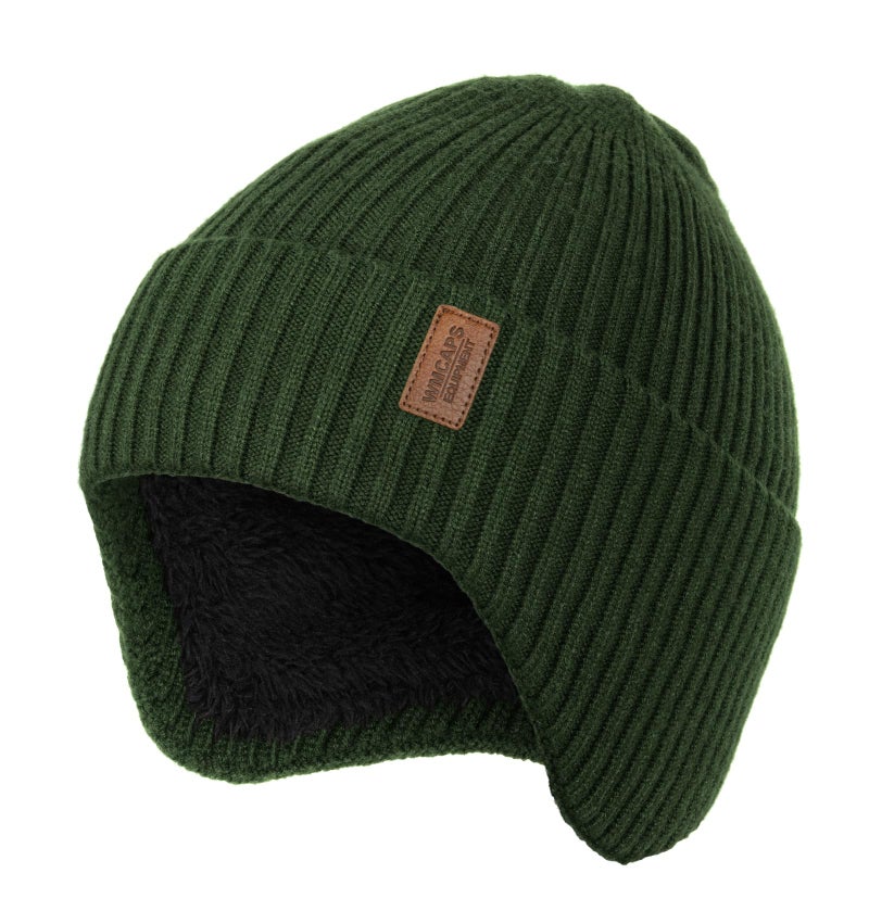 Wmcaps Fleece Lined Winter Beanie with Earflap for Men Women - Windproof Thermal Knit Hat for Cold Weather Army Green - Image 1