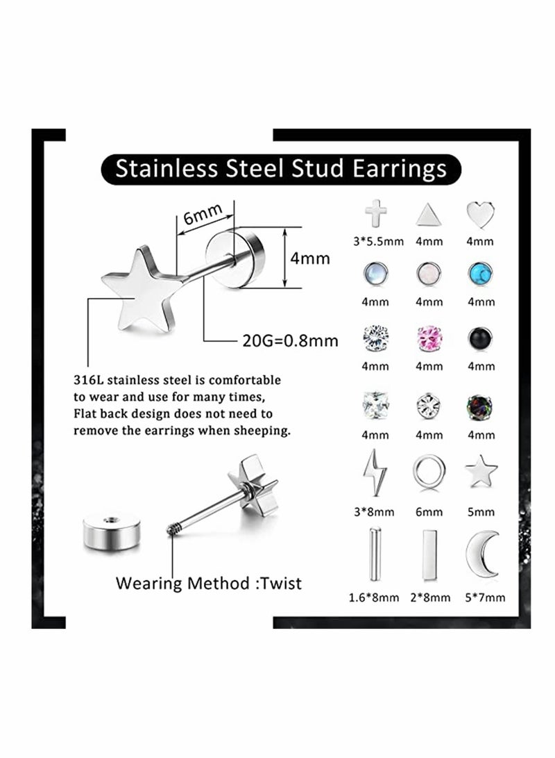 مجموعة من 18 زوجًا من الأقراط المصنوعة من الفولاذ المقاوم للصدأ المضادة للحساسية للنساء والرجال بأنماط مختلفة على شكل نجمة وقمر وقلب وورقة أوبال 20 جرامًا من مجوهرات الغضروف - Image 2