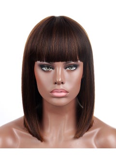 Kalyss Kalyss Blunt Bob Short Hair Wigs for Women Heat Resistant Yaki Human Hair Blended Brown Highlights Womens Wig With Hair Bangs Brown 