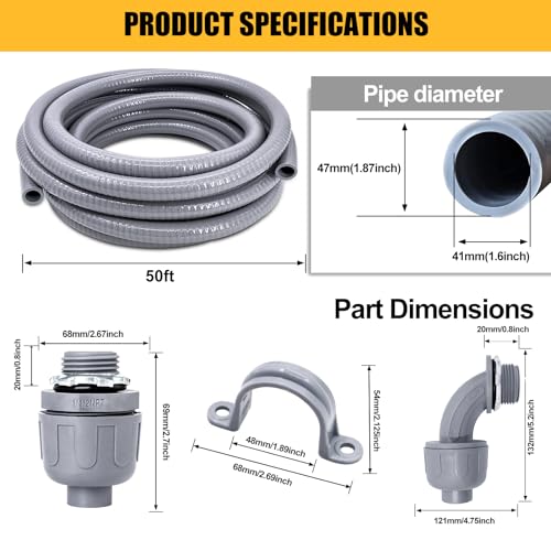 Wocloer 1-1/2 inch 50 Foot Liquid-Tight Conduit Kit, Flexible Non Metallic Electrical Conduit and Connector Kit, With 5 Straight and 4 Angle Fittings and Pipe Strap. - Image 2