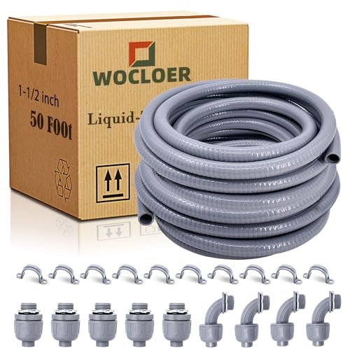 Wocloer 1-1/2 inch 50 Foot Liquid-Tight Conduit Kit, Flexible Non Metallic Electrical Conduit and Connector Kit, With 5 Straight and 4 Angle Fittings and Pipe Strap. - Image 1