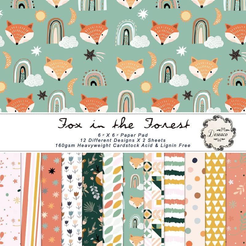 Woodland Animal Scrapbook Paper Pad 6x6 – Fox, Bear, Rabbit, Owl Designs, Nursery Theme Origami & Decoupage Sheets for DIY Crafts, Cardmaking, Scrapbooking, Junk Journals – 24 Pcs