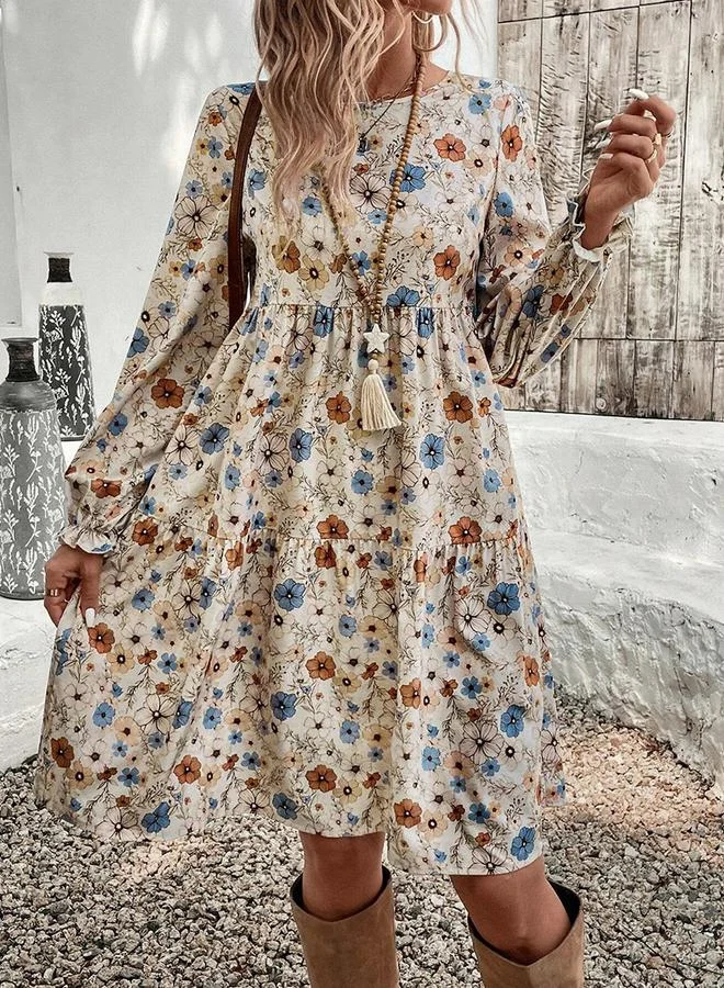 Take Two Women's Floral Printed Round Neck Long Sleeve Mini Dress