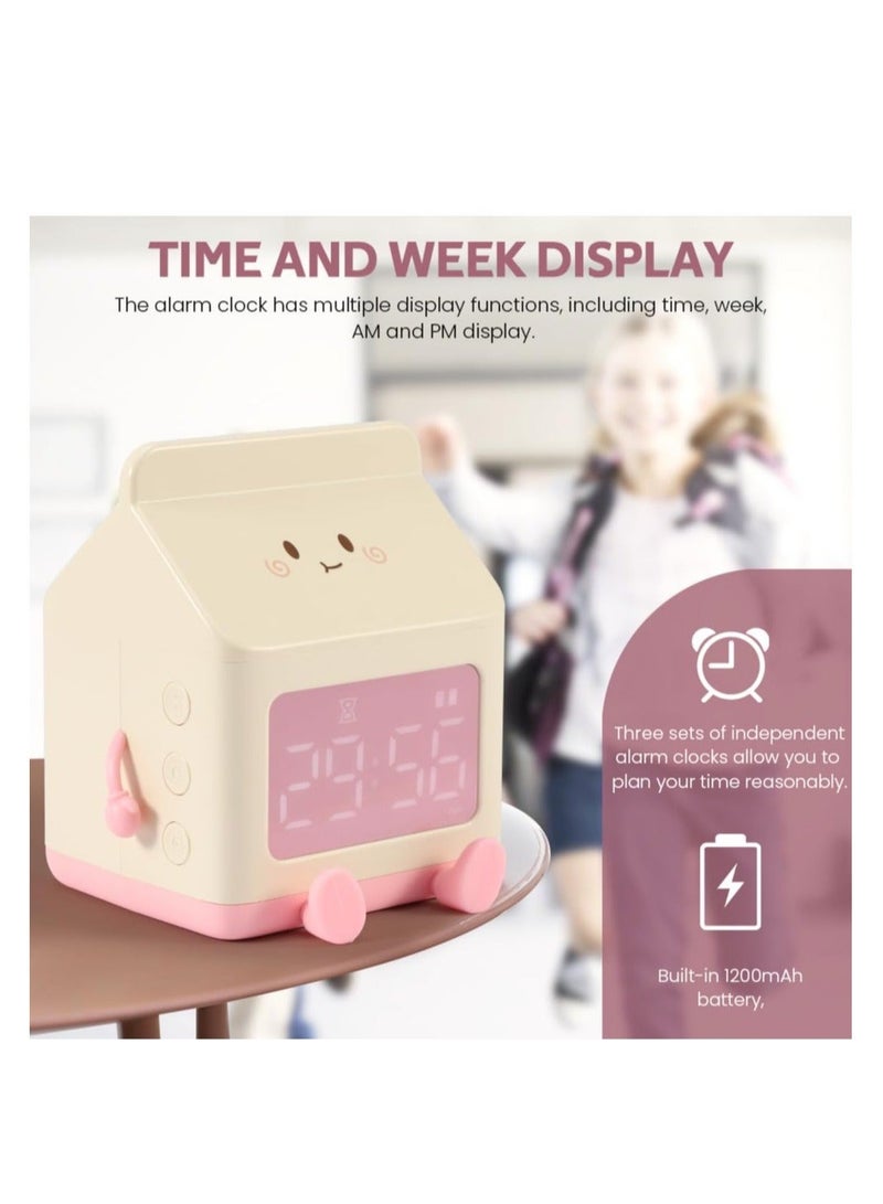 كابتن تيك Kids Alarm Clock, Digital Alarm Clock for Kids Bedroom, Cute Milk Box Shape Clock Children Wake up Clock, 5 Minute Alarm, Rechargeable Alarm Clock for Bedroom Room Decor Birthday Gift(Pink) - Image 2