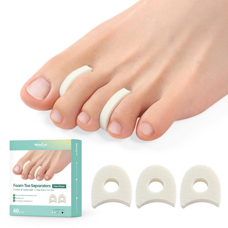 Welnove Foam Toe Separators 40 Pack Toe Spacers for Corn Blister and Hammer Toe Relief Breathable Adhesive Options for Pain from Bunions and Toe Overlap Toe Spacers for Men