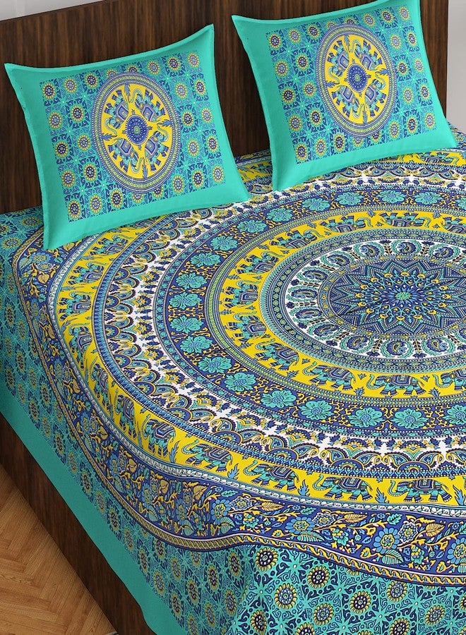 100% Cotton Double Bedsheet for Double Bed King Size Traditional Jaipuri Bedsheet with 2 Pillow Covers - Multi151, 160 TC - Image 1