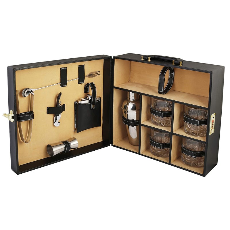 Anything & Everything Portable Leatherette Bar Set | Wine & Whisky Case | Wooden Bar Accessories for Picnic (Holds 1 Bottle & 4 Glasses) (Black & Beige) - Image 2