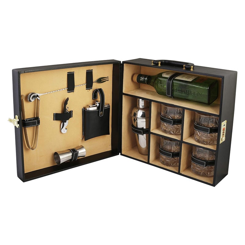 Anything & Everything Portable Leatherette Bar Set | Wine & Whisky Case | Wooden Bar Accessories for Picnic (Holds 1 Bottle & 4 Glasses) (Black & Beige) - Image 1