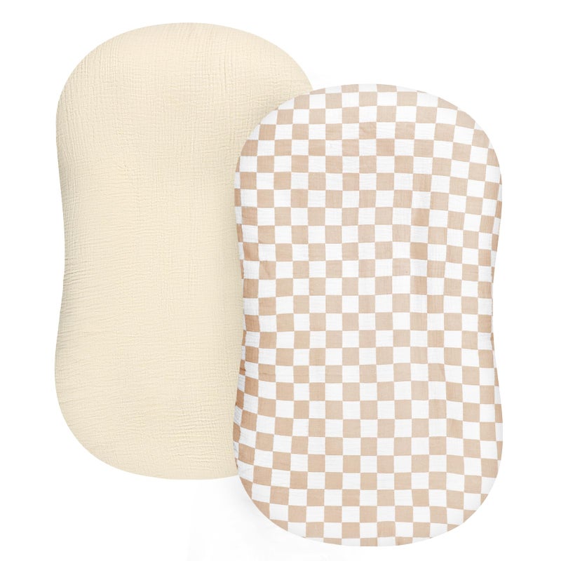 DILIMI Baby Lounger Covers, 2 Pack Muslin Newborn Lounger Cover, Soft Comfortable Removable Infant Pillow Slipcover for Girl and Boy, Beige & Brown Checkered (Lounger not Included) - Image 1