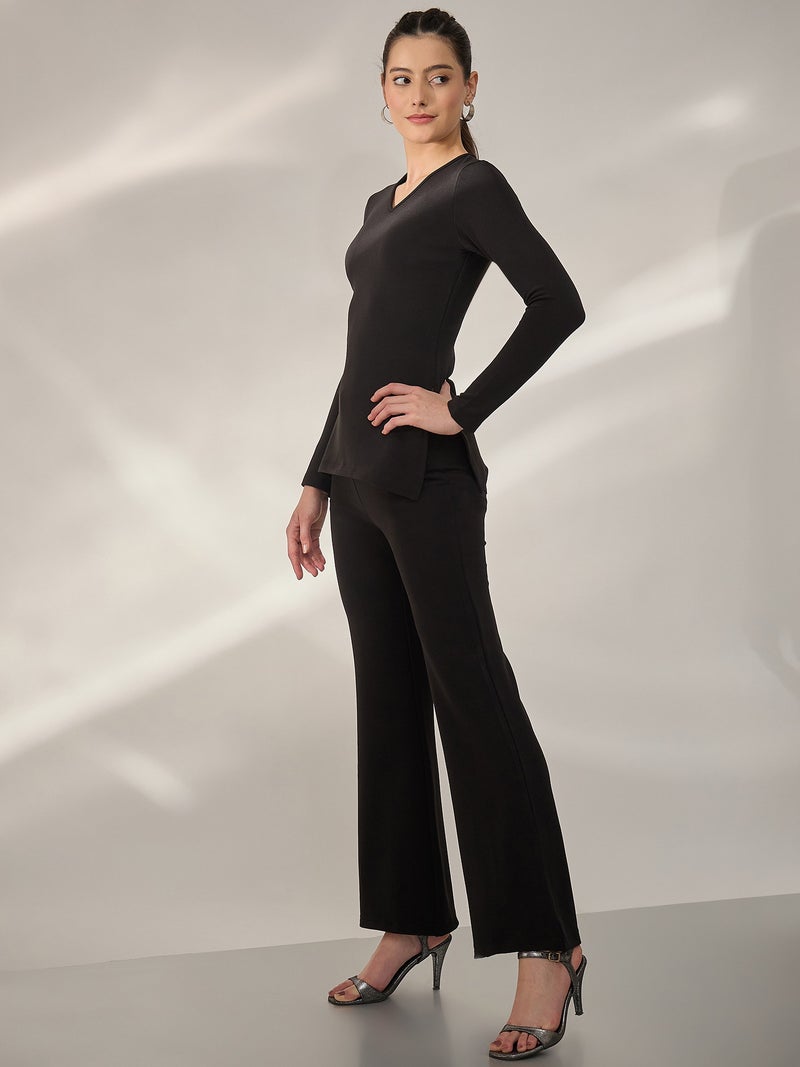 PANIT Black Ribbed Fitted Tops with Trouser Co-Ords Set - Image 3