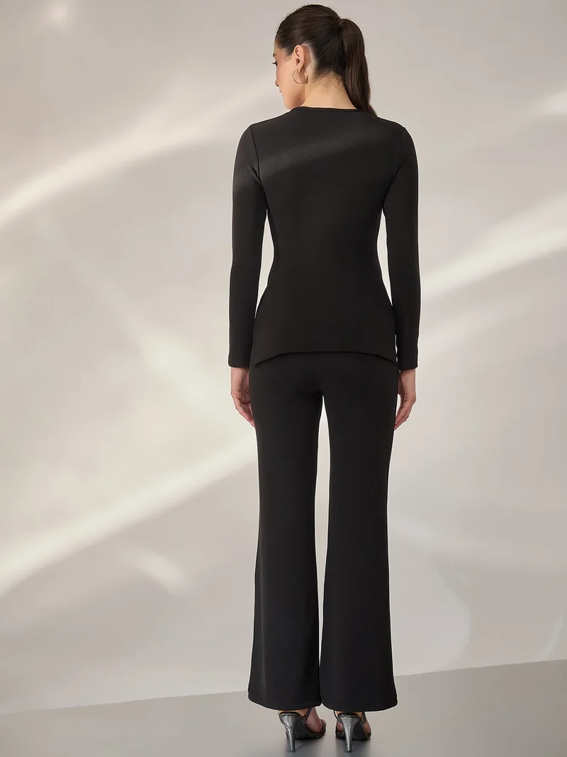 Panit PANIT Black Ribbed Fitted Tops with Trouser Co-Ords Set