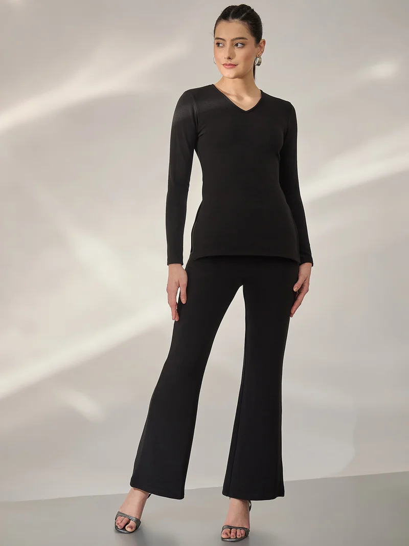 Panit PANIT Black Ribbed Fitted Tops with Trouser Co-Ords Set