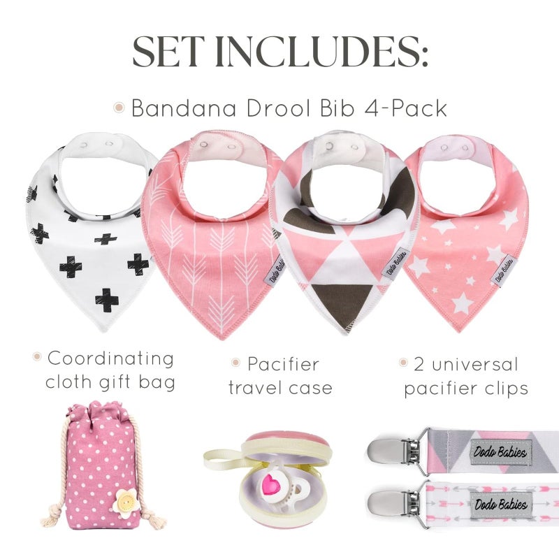 Dodo Babies Bandana Drool Bib Set â€“ Four 100% Cotton Bibs with Soft Polyester Lining, 2 Pacifier Clips, Binky Case, Pink Gift Bag for Baby Girl or Boy Shower â€“ Adjustable Snap Fit for 3-24 Months - Image 3