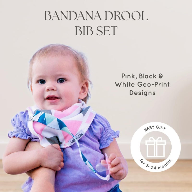Dodo Babies Bandana Drool Bib Set â€“ Four 100% Cotton Bibs with Soft Polyester Lining, 2 Pacifier Clips, Binky Case, Pink Gift Bag for Baby Girl or Boy Shower â€“ Adjustable Snap Fit for 3-24 Months - Image 2