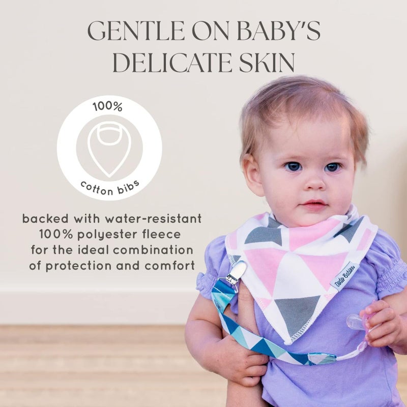 Dodo Babies Bandana Drool Bib Set â€“ Four 100% Cotton Bibs with Soft Polyester Lining, 2 Pacifier Clips, Binky Case, Pink Gift Bag for Baby Girl or Boy Shower â€“ Adjustable Snap Fit for 3-24 Months - Image 5