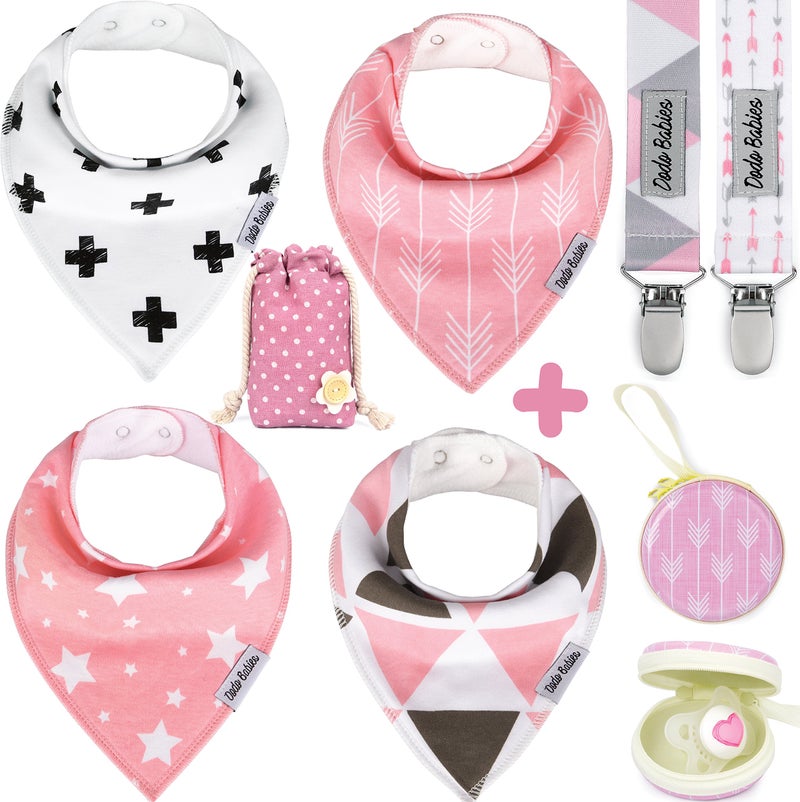 Dodo Babies Bandana Drool Bib Set â€“ Four 100% Cotton Bibs with Soft Polyester Lining, 2 Pacifier Clips, Binky Case, Pink Gift Bag for Baby Girl or Boy Shower â€“ Adjustable Snap Fit for 3-24 Months - Image 1