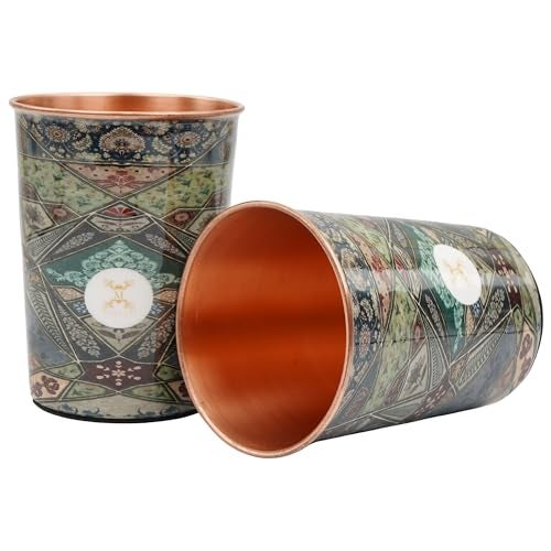 MERCAPE® 100% Pure Copper Glasses Set of 2 | Designer Meena Print | 300ml Each | Ayurvedic Benefits | Handmade Copper Tumblers for Daily Use & Gifting (Multiple Designs) (Persian Mosaic Design) - Image 1