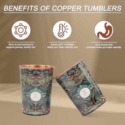 MERCAPE® 100% Pure Copper Glasses Set of 2 | Designer Meena Print | 300ml Each | Ayurvedic Benefits | Handmade Copper Tumblers for Daily Use & Gifting (Multiple Designs) (Persian Mosaic Design) - Image 2
