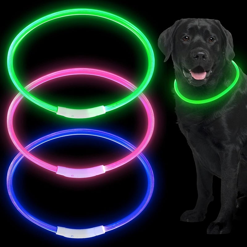 Weewooday 3 Pieces LED Dog Collar Light Up Dog Collars USB Rechargeable Water Resistant Pet Collar Cuttable Glowing Dog Collar Pet Safety Necklace Loop for Dogs, Pink, Green, Blue (Natural Style) - Image 1