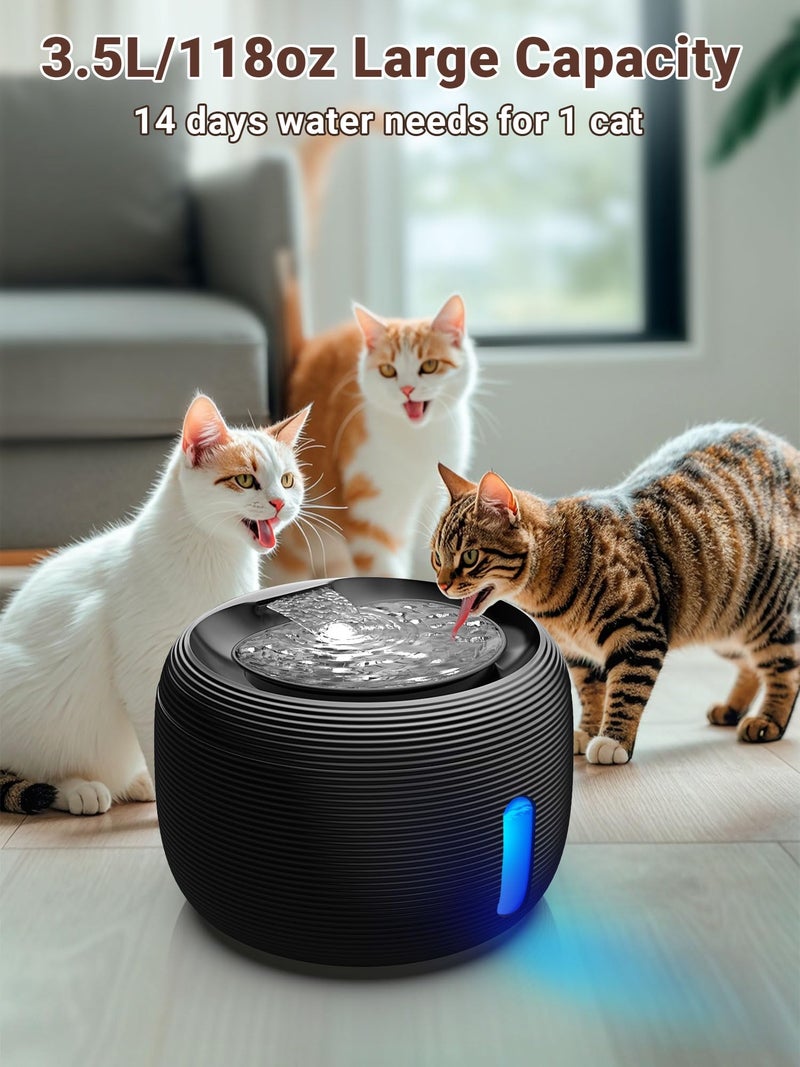 Kastty 3.5L/118 oz Cat Water Fountain, Large Capacity Quiet Pet Water Fountains for Cats Indoor Water Level LED Light Multi-Filtration BPA-Free, Automatic Cat Fountain Easy Cleaning FS77(Black) - Image 2