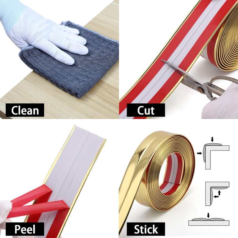 Trimold Multifunctional Wall Molding Trim & Corner Guards & Caulk Strip, Apply in Table Edge Door Frame Baseboard for Protection and Decoration, Shiny Gold, 16.4ft x 0.8in - Image 5