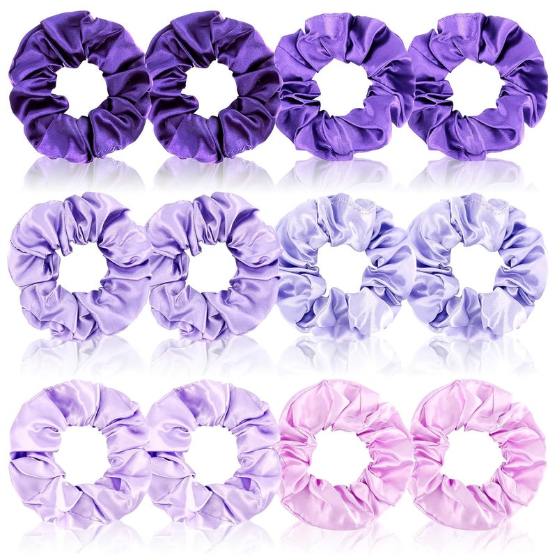 Cubaco 12 Pieces Satin Hair Scrunchies Elastic Hair Bobbles Scrunchy Hair Ties Ponytail Holder Hair Ties Purple Lovers