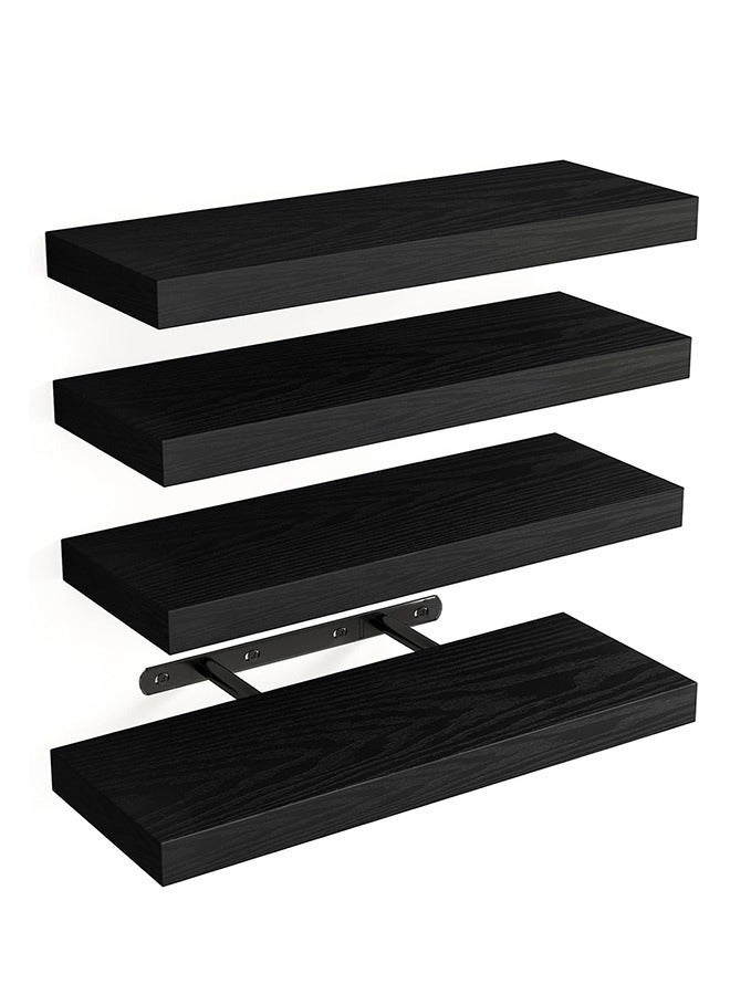 Set of 4 Black Rustic Floating Wall Shelves with Brackets, Wood Wall-Mounted Storage for Bathroom, Bedroom, Kitchen, or Living Room Decor - Image 1