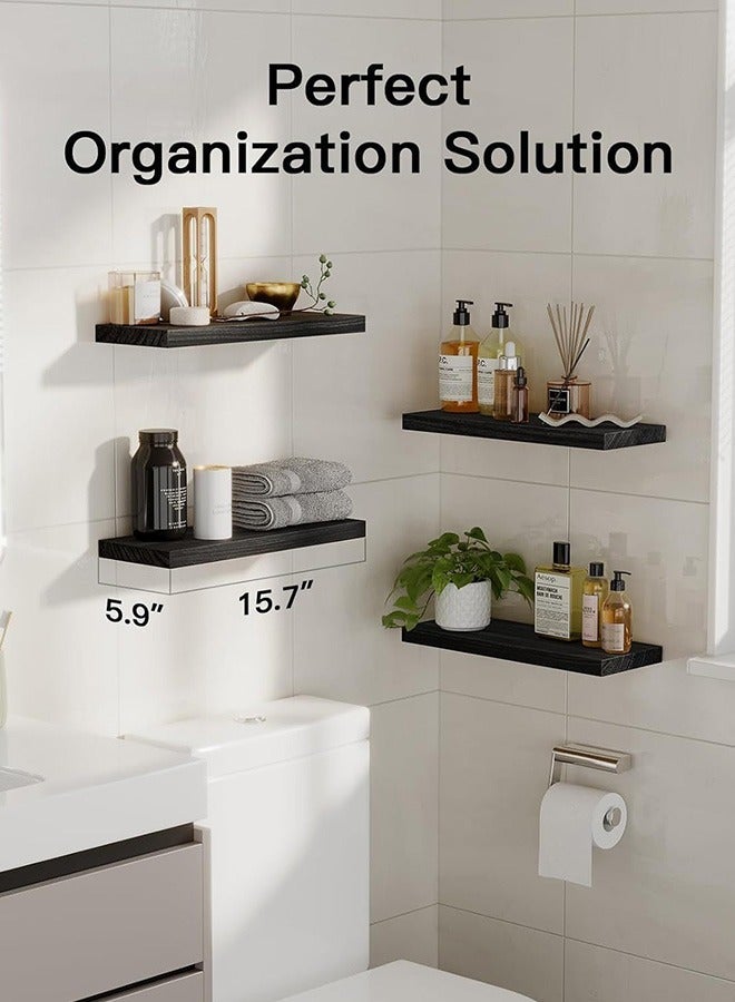Set of 4 Black Rustic Floating Wall Shelves with Brackets, Wood Wall-Mounted Storage for Bathroom, Bedroom, Kitchen, or Living Room Decor - Image 2