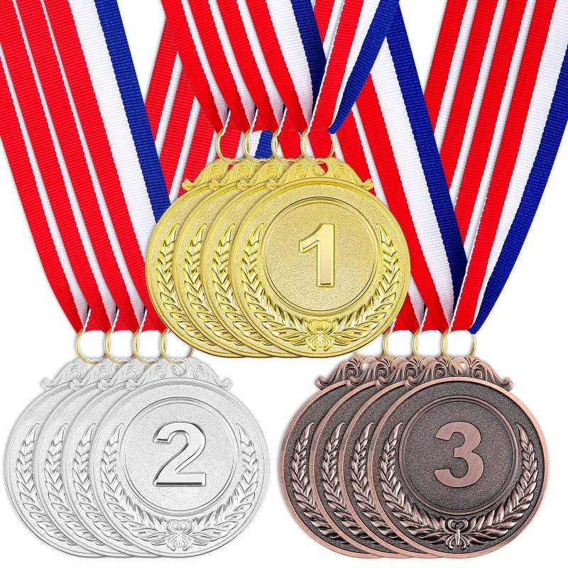 Awpeye 12 Pieces Award Medals 1st 2nd 3rd (Gold, Silver, Bronze) Metal Style Winner with Neck Ribbon, 2 Inches - Image 1