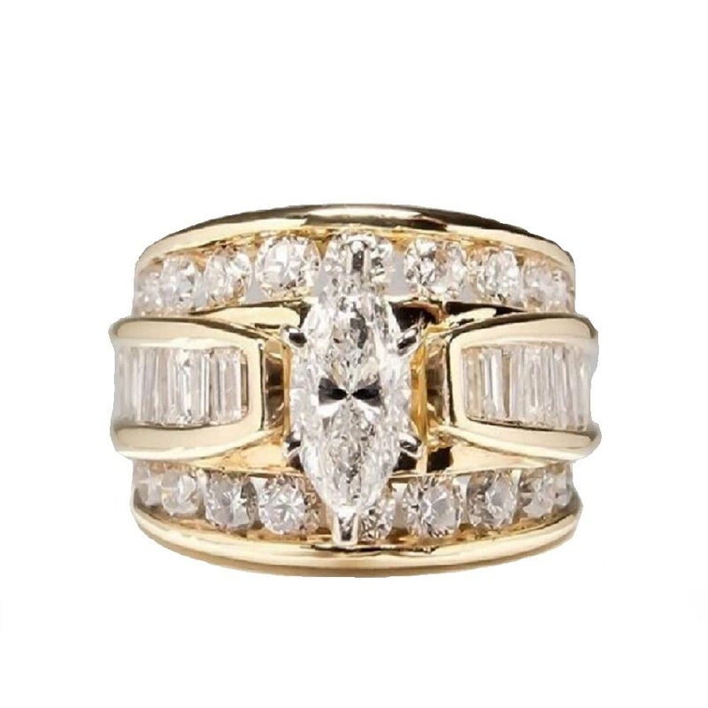 Hsitgexf Wedding Ring Set for Women 14K Gold Plated Marquise Cut CZ Engagement Rings Bridal Set Anniversary Promise Wideband Rings for Her (US Size 6) - Image 1