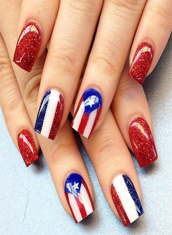 KKUUOO 24Pcs 4th of July Press on Nails,Short Square Fake Nails with Star Glitter Designs Red White Blue Striped Nails Press Ons Full Cover Acrylic Glossy Stick on Nails for Women Girls - Image 1