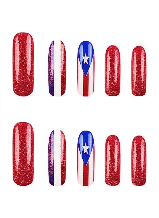 KKUUOO 24Pcs 4th of July Press on Nails,Short Square Fake Nails with Star Glitter Designs Red White Blue Striped Nails Press Ons Full Cover Acrylic Glossy Stick on Nails for Women Girls - Image 3